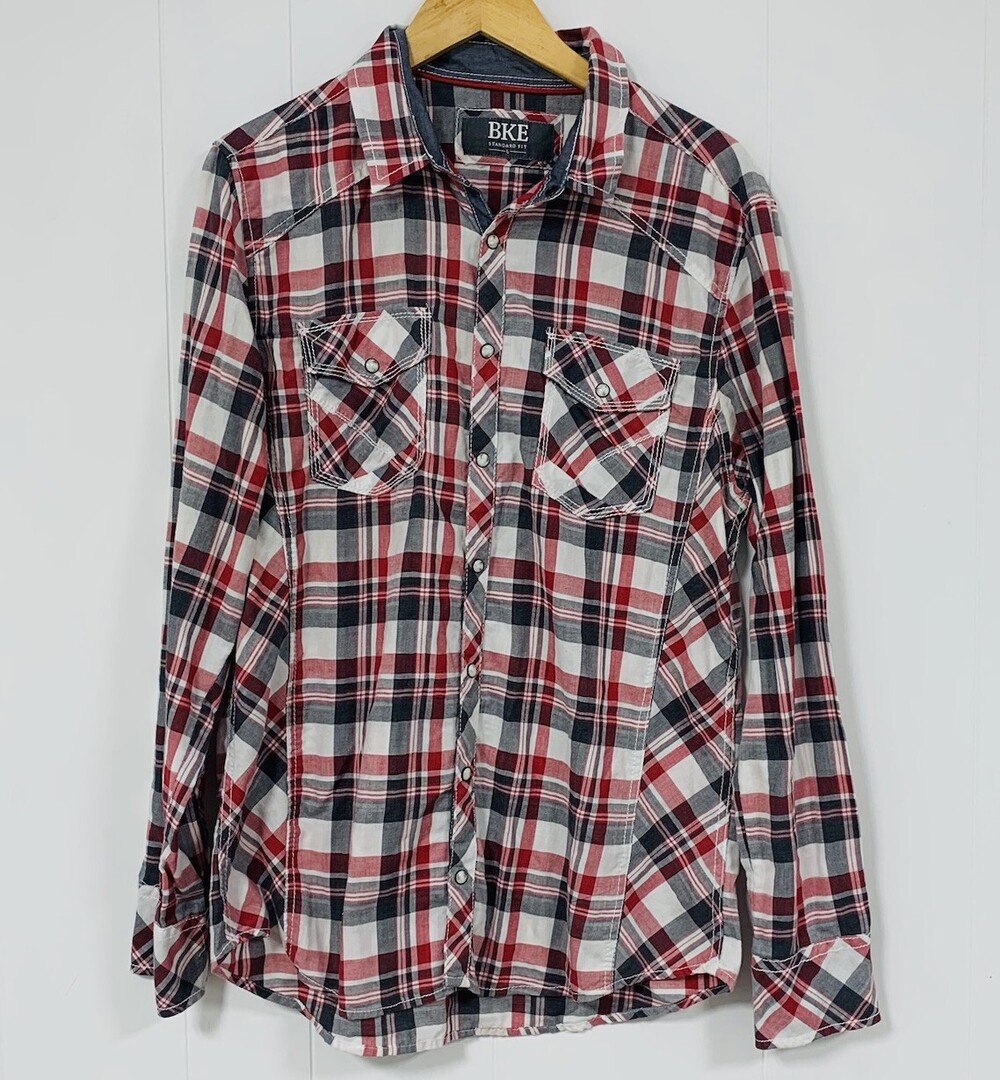 BKE Buckle Paid Long Sleeve Snap Button Standard Fit Shirt Men Size L